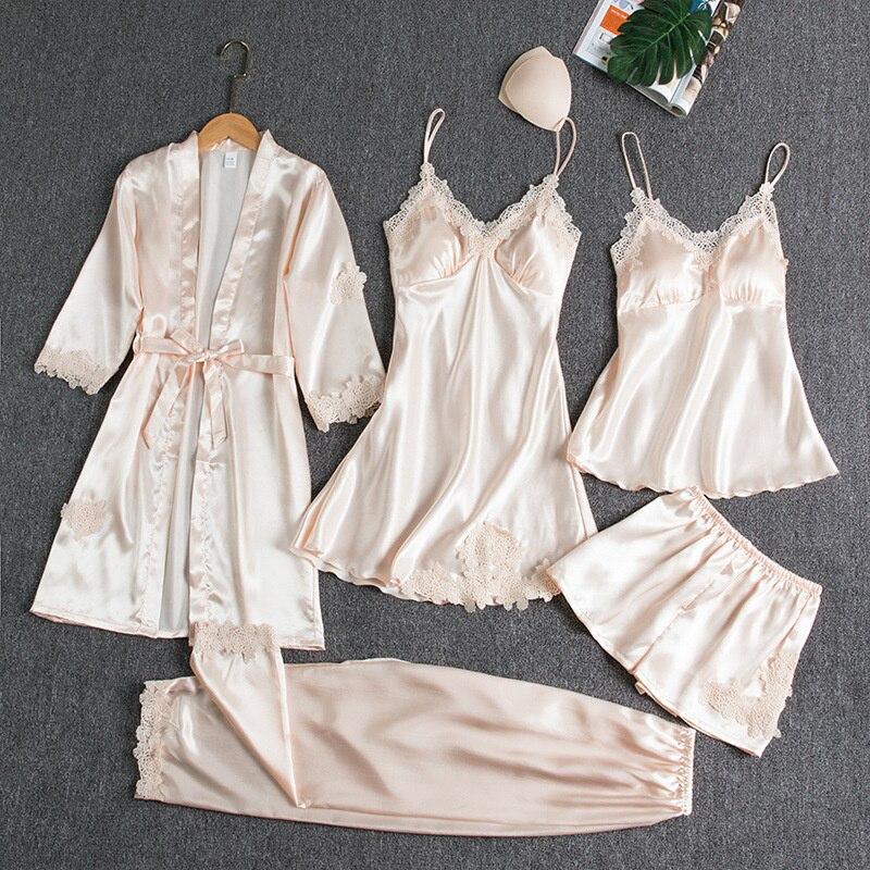 5-teiliges Damen-Pyjama-Set aus Spitze, V-Ausschnitt, Satin mit Brustpolster, Nachtwäsche, Pyjama aus Eisseide XL champagner