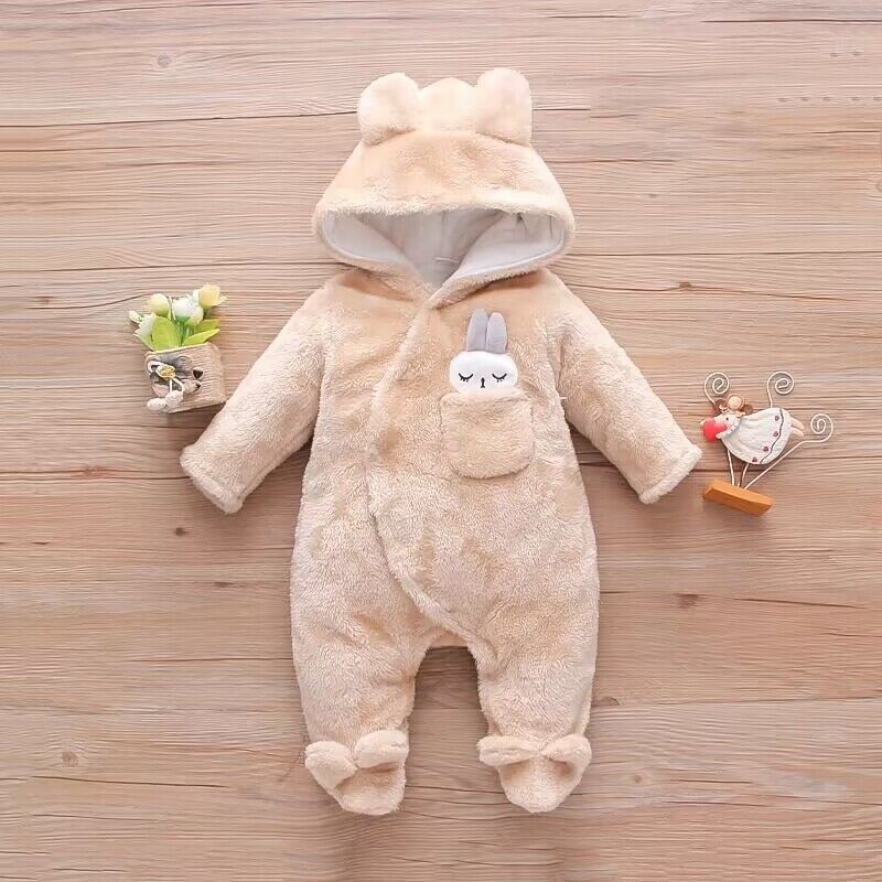 Baby-Kleidung für Mädchen, solide Fleece-Kaninchen-Baby-Overall mit Kapuze und langen Ärmeln, Unisex-Baby-Winterkleidung für Neugeborene 12-18M beige