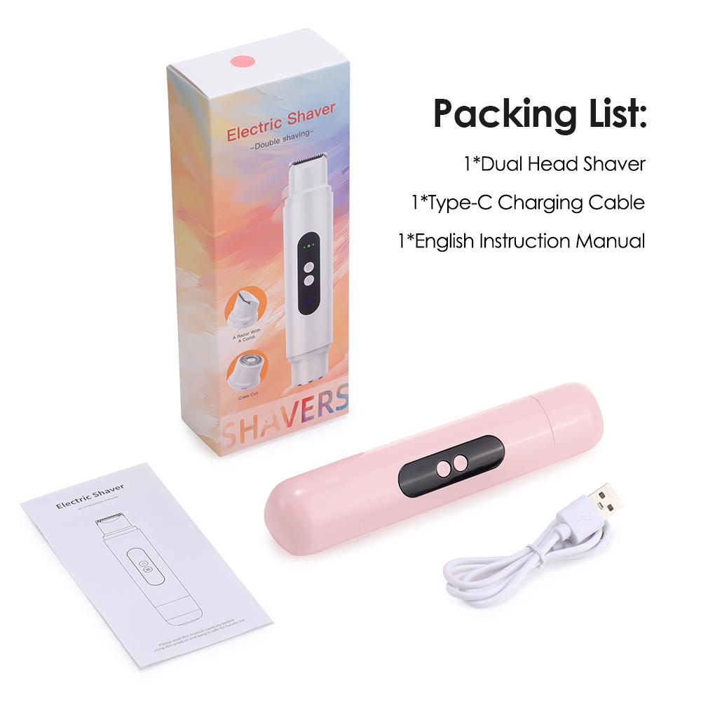 2 in 1 Doppelkopf Damen Elektrorasierer Schmerzloser Bikini-Trimmer Beine Haartrimmer Nass Trocken Anwendung Körperhaarentferner Wasserdicht rosa