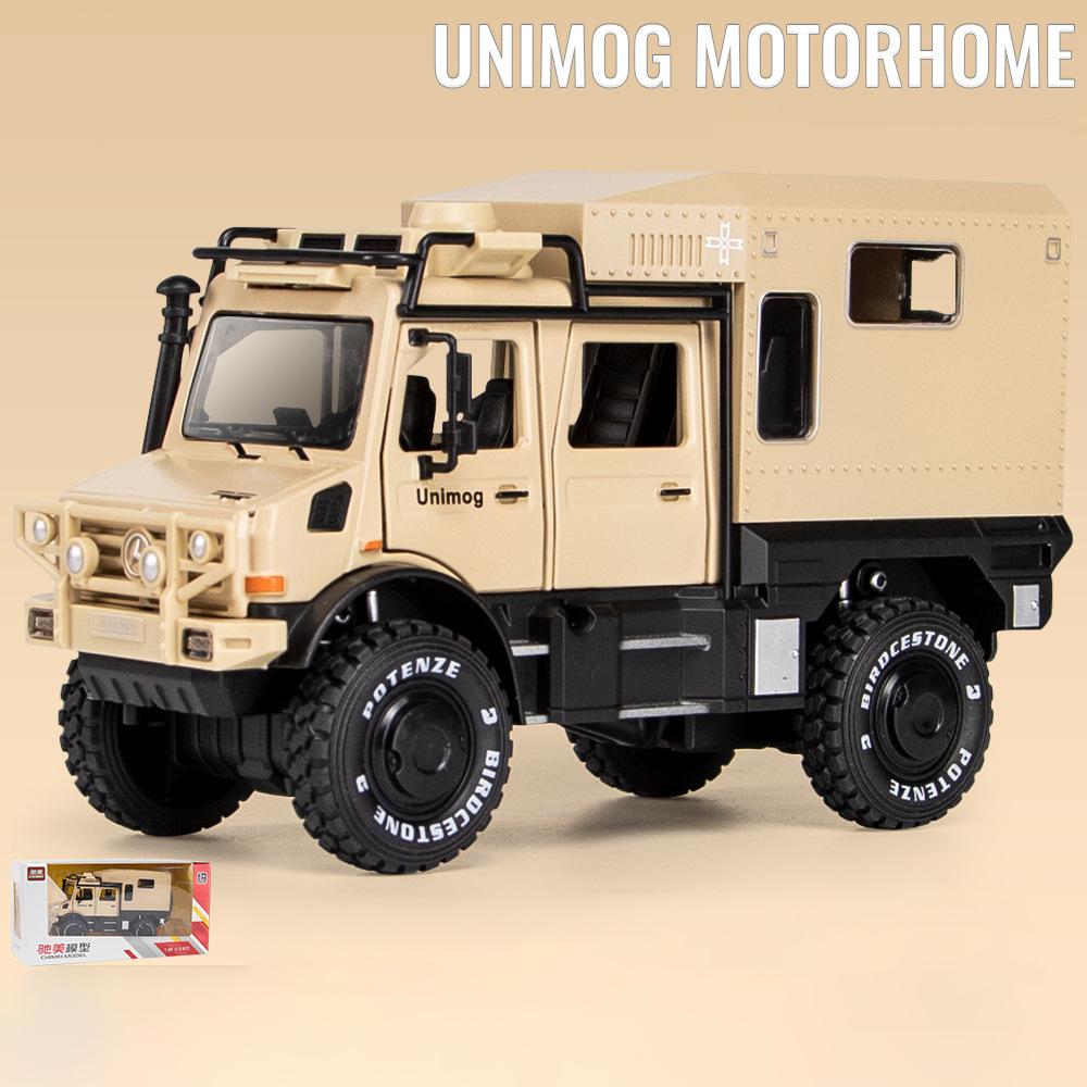 1:Benz Unimog-Automodell im Maßstab 28, Druckguss-Pull-Back-Auto-Spielzeugauto, Türen offen, Licht und Ton, Jungenspielzeug, Kinder-Erwachsene-Geschenke 1/28-18.8x10.5x6.7cm gelb