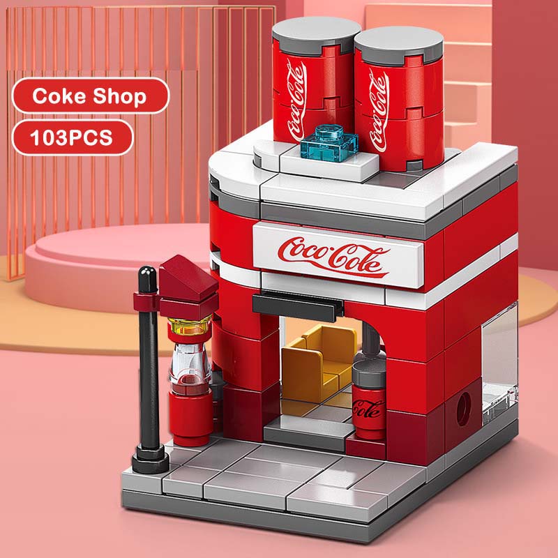 Coca-Cola Street View zusammengebautes Blockpuzzle Stadtgebäudemodell Geschenkspielzeug für Kinder Coke shop-103Pcs