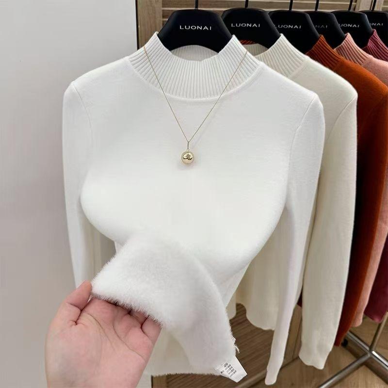 Einteiliger Fleece-Pullover für Damen Halbhoher Kragen Pullover Gestricktes Oberteil für Damen mit zusätzlichem Fleece und Verdickung Herbst und Winter 2XL weiß
