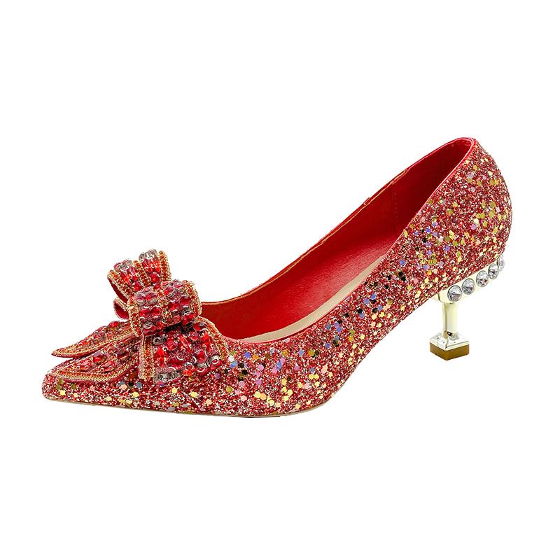 6,5 CM frauen Strass Hochzeit Schuhe Jahr Schuhe Luxus Schnalle Dekorative Bankett frauen Schuhe High Heels Gold Silber rot 41 rot