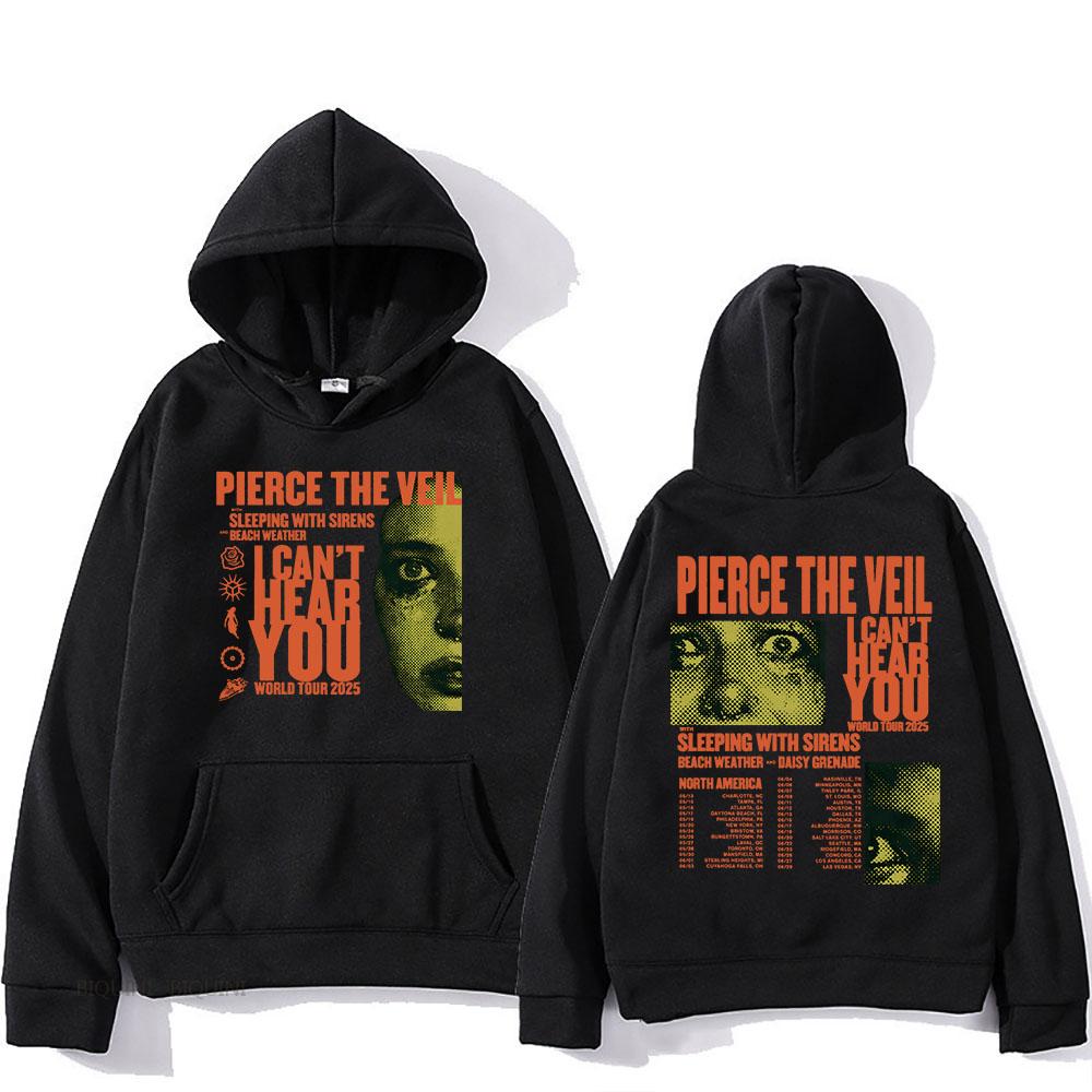 Streetwear Unisex Pierce The Veil Rockband Hoodies Ich kann dich nicht hören Welttournee Streetwear Harajuku Hip Hop Unisex Mode Oversized Y2k Pullover L grau