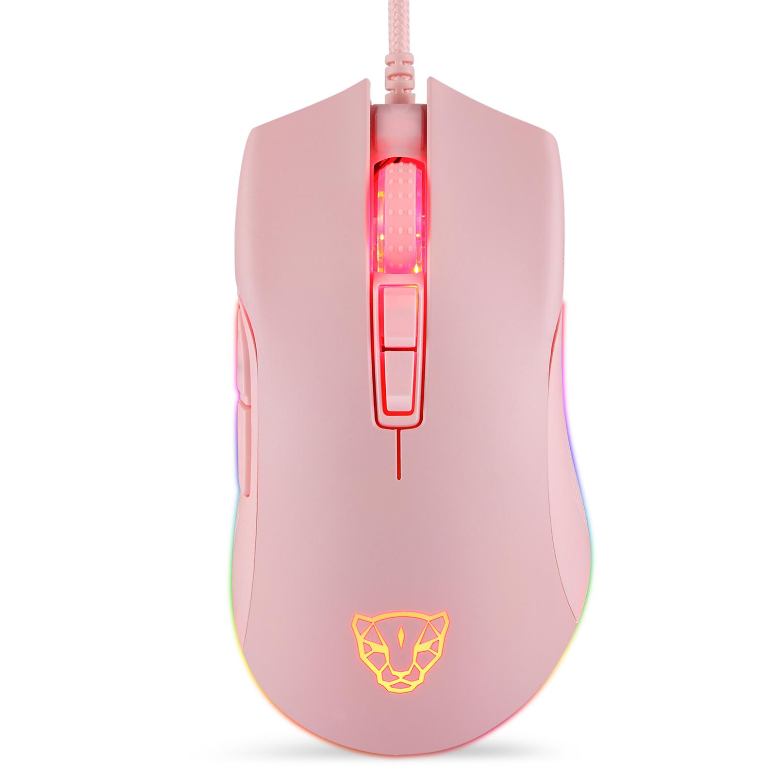 Motospeed V70 USB-Gaming-Maus mit Kabel, RGB-Maus, ergonomisches Design, 8 Gänge, einstellbare DPI, weit rosa