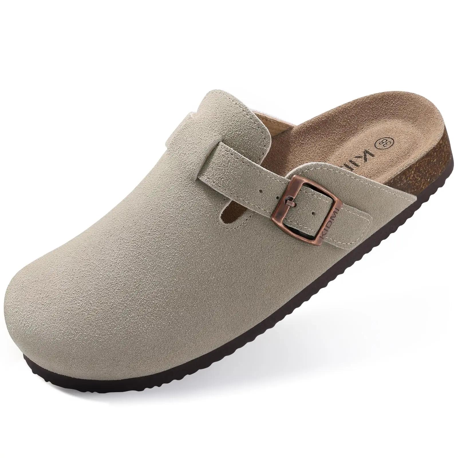Damen Wildleder Clogs Hausschuhe Kork Wildleder Clogs Hausschuhe Klassische Herren Pantoletten Outdoor Kork Rutschfeste Hausschuhe mit Fußgewölbestütze Damen 43 graue