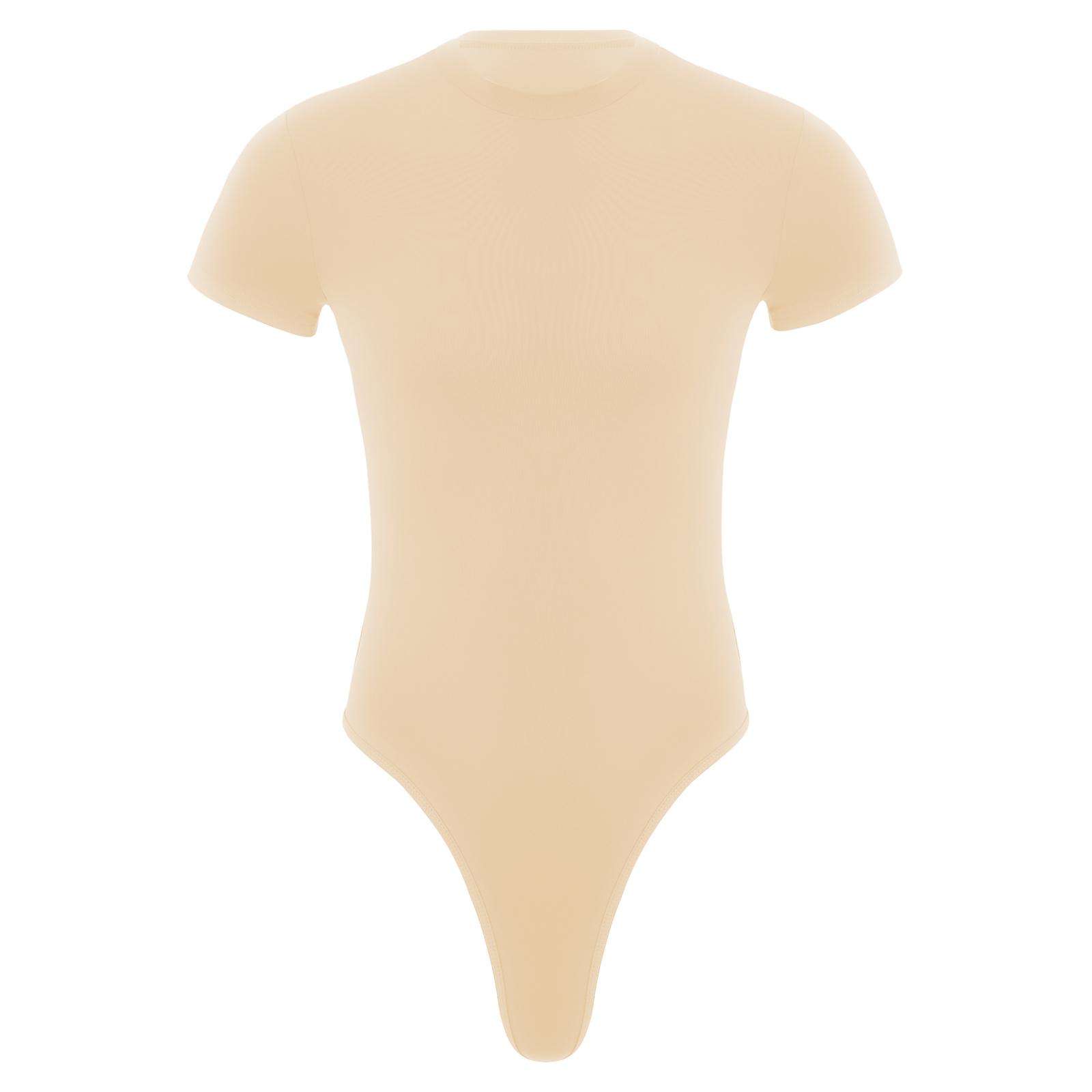 Athletischer Sport-Bodysuit für Herren, Rundhalsausschnitt, kurze Ärmel, geknöpfter Schritt, Jumpsuit, einfarbig, Strampler für Bodybuilding, Yoga L beige