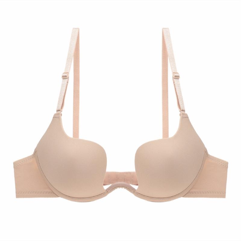 Europäisches U-förmiges tief ausgeschnittenes rückenfreies Hochzeits- und Abendkleid mit unsichtbarem Push-up-BH 75C nude