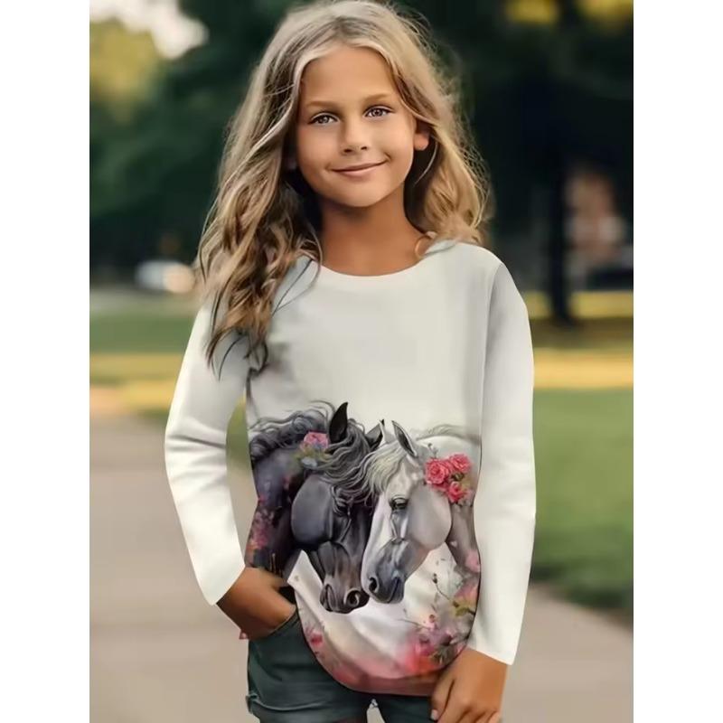 Mädchen Kleidung Mode Pferd 3D Druck Kinder Langarm T-Shirt Locker Lässig Herbst Oberteile Outdoor Bequeme Kinderbekleidung 140 black