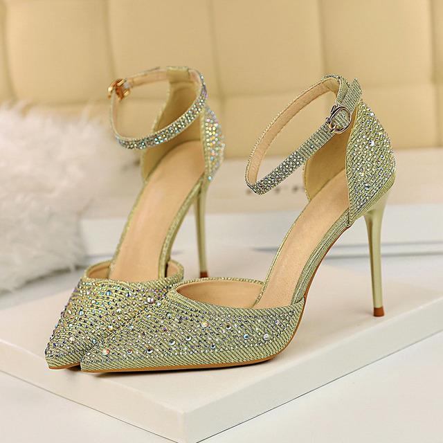 Sexy Frauen 10cm High Heels Sandalen Hochzeit Scarpins Glitter Braut Heels Fetisch Stiletto Kristall Glitter Helle Pumps Schuhe 40 gold
