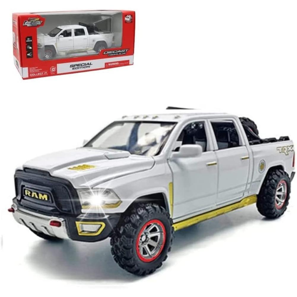 1/32 Automodell aus Legierung, Dodge RAM TRX 1500, Pickup-Truck-Spielzeug aus Metalldruckguss, Modellautos mit Rückziehfunktion, mit Licht und Sound für Kinder, Geburtstagsgeschenke etc. 1/32-Size:17.5*7*5.7cm weiß