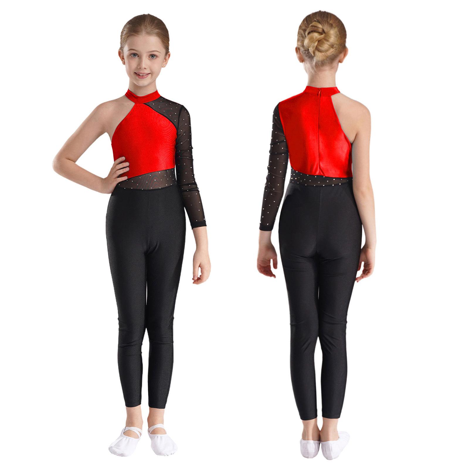 Mädchen Ganzkörper-Overall mit Netzärmeln, Gymnastik-, Ballett- und Modern-Tanz-Uniform, Ganzanzug, Eiskunstlauf-Wettkampfkostüm 7-8 Years rot