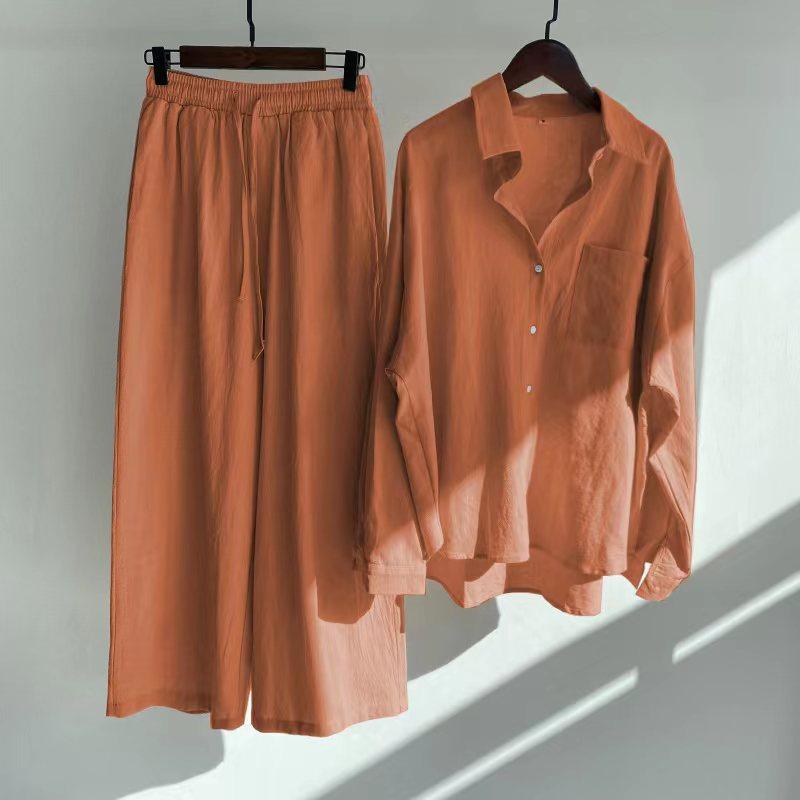 Damen zweiteiliger Anzug Retro Plus Size Baumwolle Leinen Hemd Anzug Hohe Taille Lose Hosen für Frauen XL lachs rosa