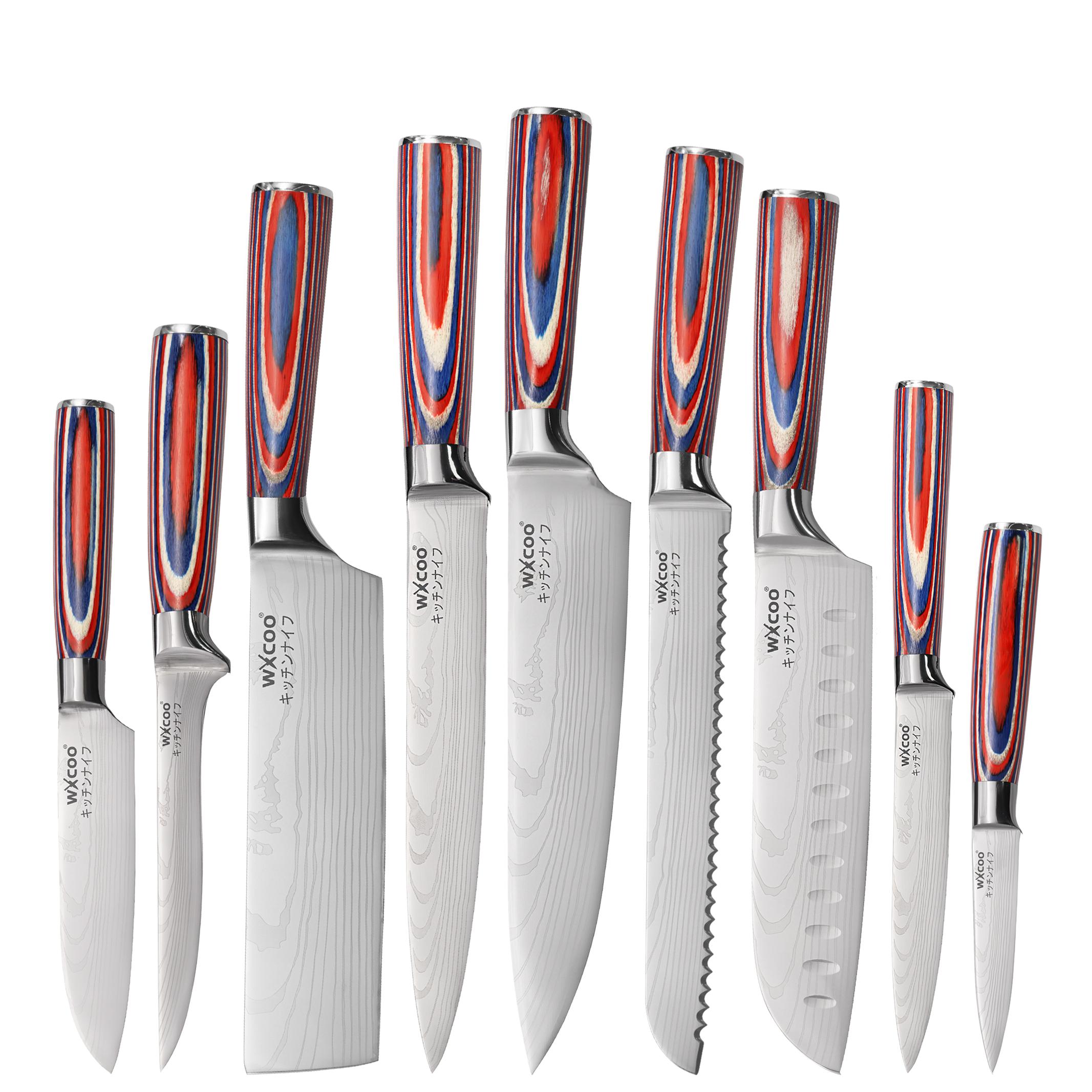 9-teiliges japanisches Santoku-Messer-Set Damastmuster Küchenmesser 5Cr15MOV Edelstahl Kochbeilmesser Allzweck-Tranchierwerkzeug 9PCS