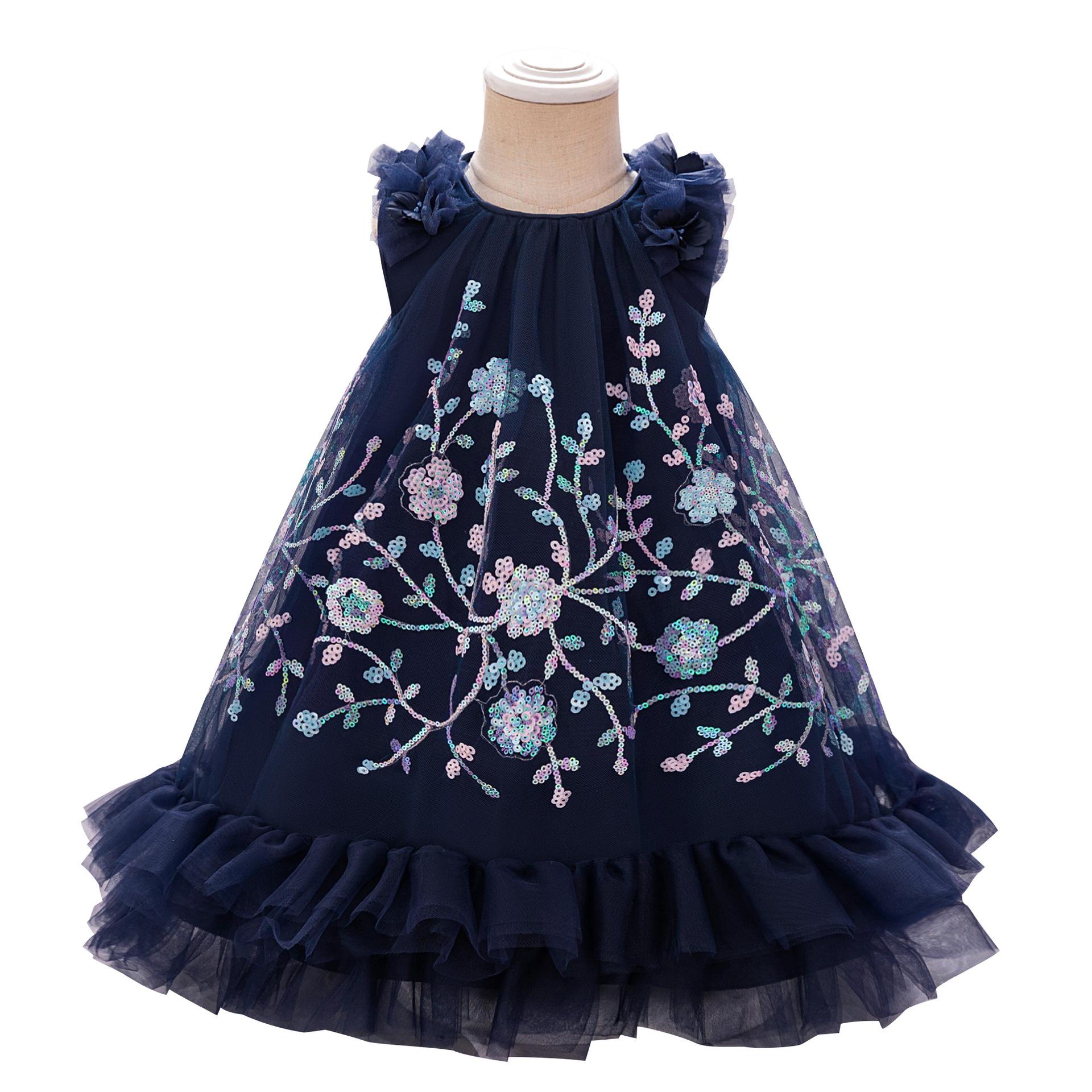 Mädchen Blumenstickerei Party Tutu Kleid Kinder Blau Taufe Hochzeit Abschlussball Kleider Mädchen Sommermode Kinder Feiertagskleidung 100cm navy blau