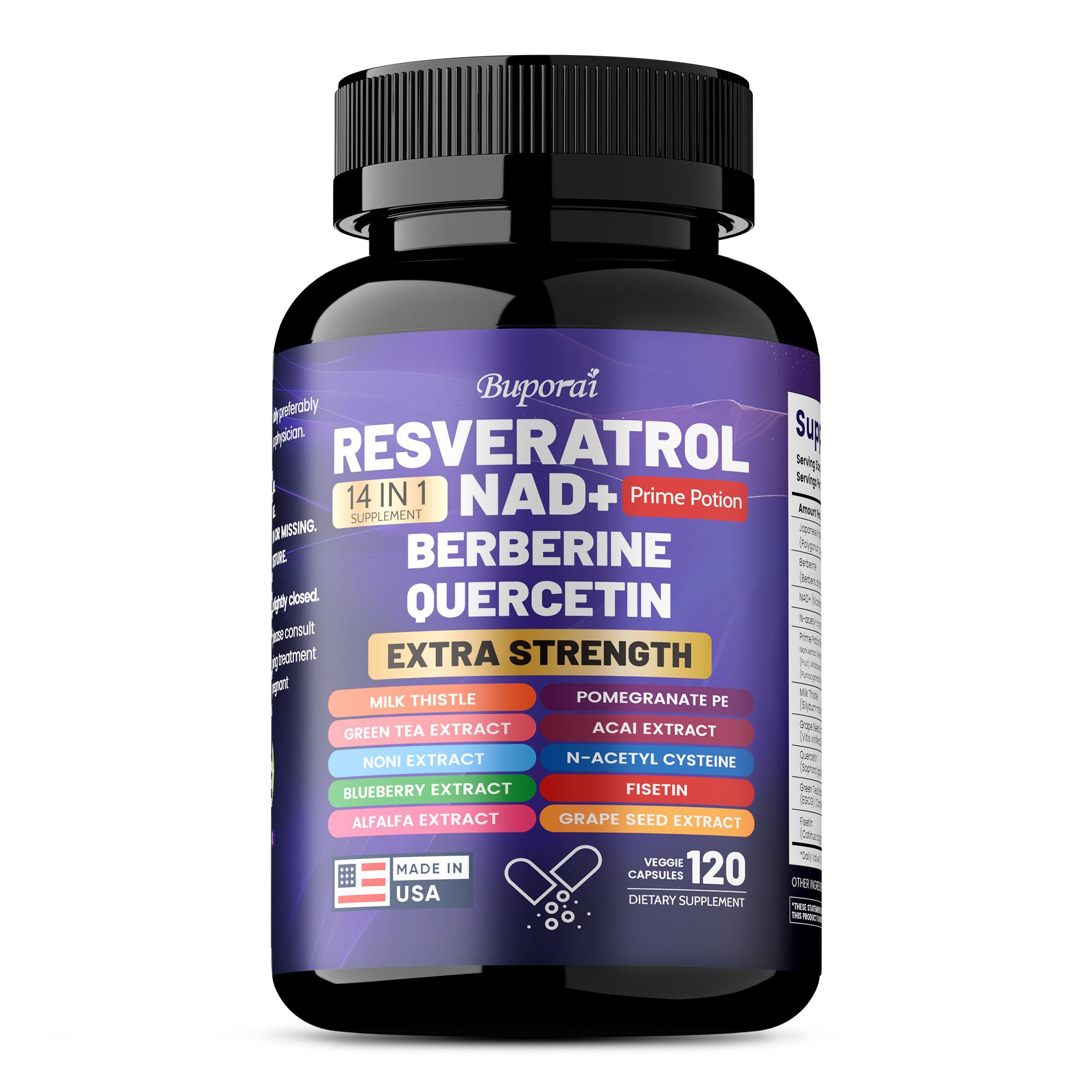 Resveratrol-Nahrungsergänzungsmittel mit Mariendistel, NAD, Berberin, Quercetin, Fisetin, 14-in-1 Extra Stärke