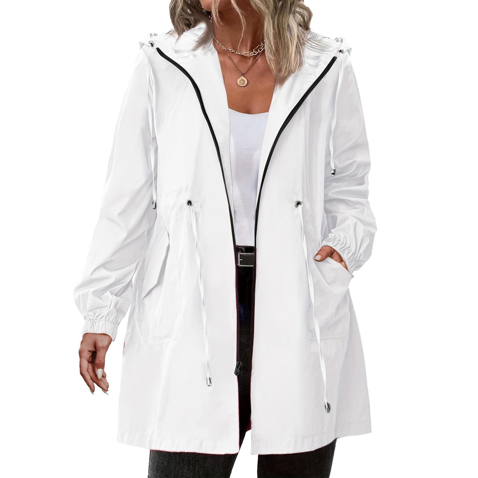 Damen-Regenmäntel mit Kapuze, leichte Outdoor-Kapuze, wasserdichter Windjacke, solide Trenchcoat-Jacke in Übergröße XL weiß