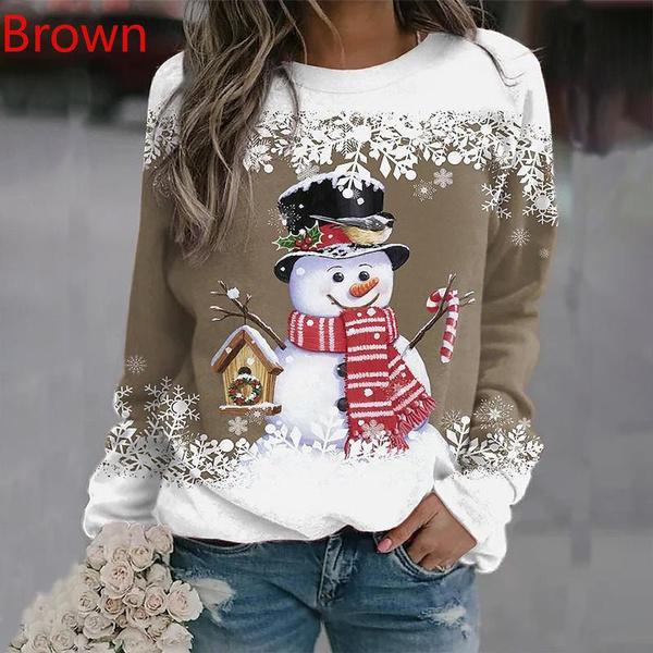 Weihnachtskleidung, neue Damenmode, Weihnachts-Schneemann-bedruckte Pullover-Oberteile, lässige Langarm-Shirts, bequeme Pullover-Blusen mit Rundhalsausschnitt, Übergröße S braun