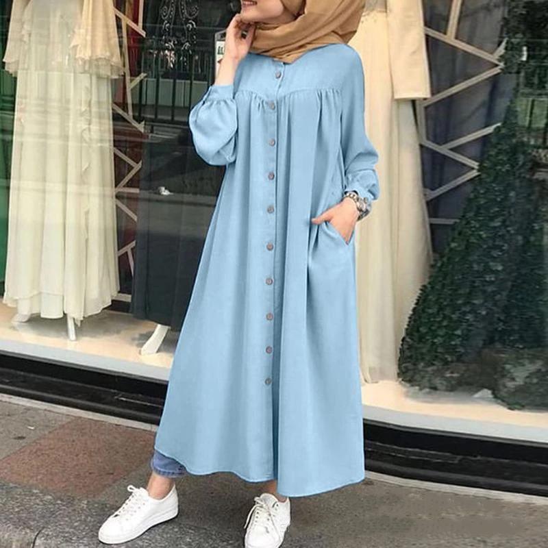 Muslimische Kleidung Frauen Kleider Einfarbig Langarm-shirt Kleid Casual Tasche Robe Musulman Dubai Muslimischen Kaftan Muslimischen Kleider XXXXXL blau