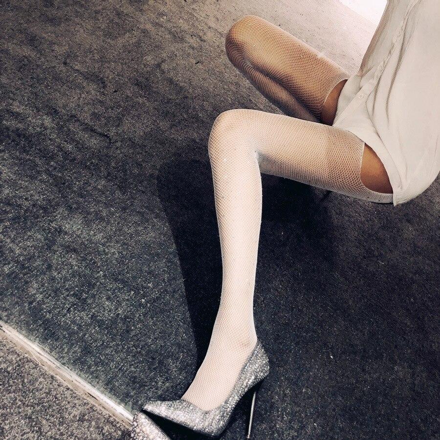 Sexy Kristall-Fischnetzstrümpfe, Strumpfhosen, Strass-Strumpfhosen, sexy Dessous, schwarze Spitze, Oberschenkelhohe Strümpfe, erotische Dessous weiß