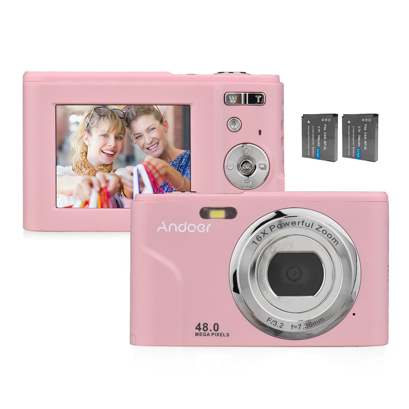 Andoer Tragbare Digitalkamera 48 MP 1080P 2,4-Zoll-IPS-Bildschirm 16-facher Zoom Autofokus Selbstauslöser 128 GB rosa
