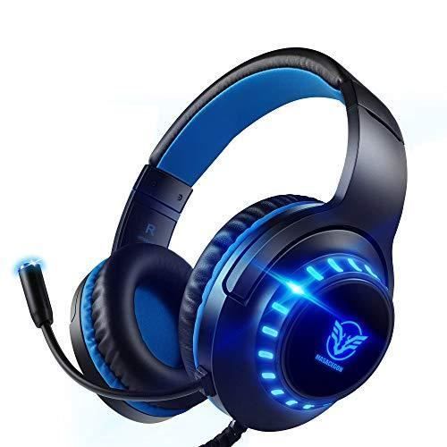 Pacrate Kabelgebundenes Gaming-Headset PS4 Switch Gamer-Headset mit Verstellbarem Mikrofon Geräuschunterdrückung LED-Licht Stereo Bass 3,5 mm Xbox One PS4 PC La