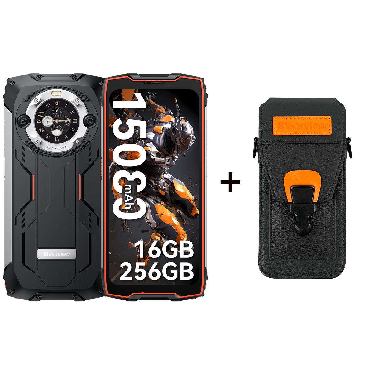 Blackview BV9300 Pro Helio G99 Robustes Telefon Android 13 RAM 8 GB/12 GB ROM 256 GB 6,7 120 Hz Display 15080 mAh mit 33 W Ladung 100 LM Taschenlampe 8+256 with a phone case orange