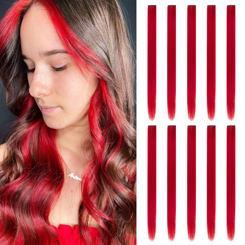 Lange glatte synthetische schwarze Haarverlängerungen zum Einklipsen, farbige Party-Highlights, Haarteile für Frauen, Kinder, Mädchen 10pcs rot