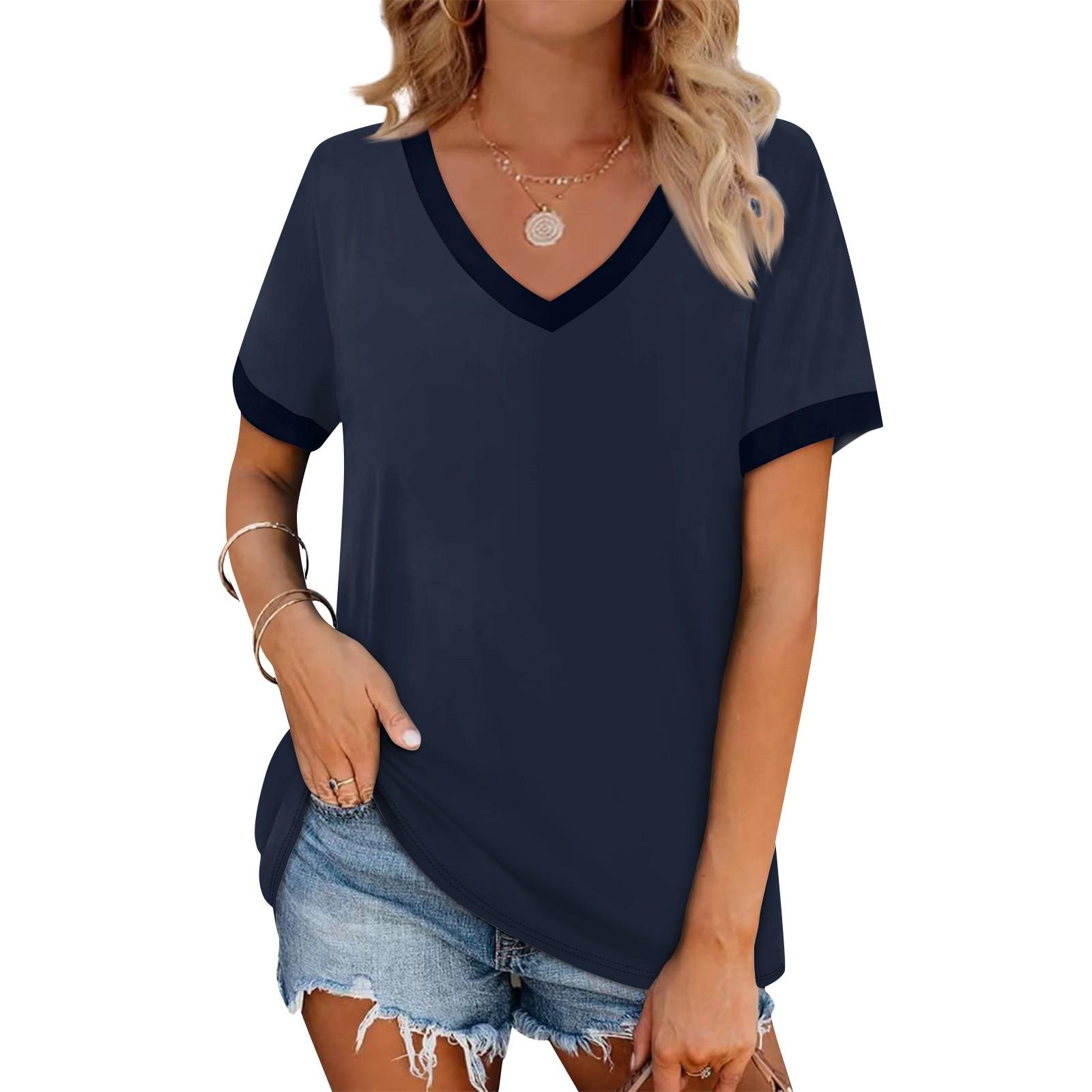 Damenmode Kurzarm V-Ausschnitt T-Shirts Casual Sommer Tops Basic Tees XXXL dunkelblau