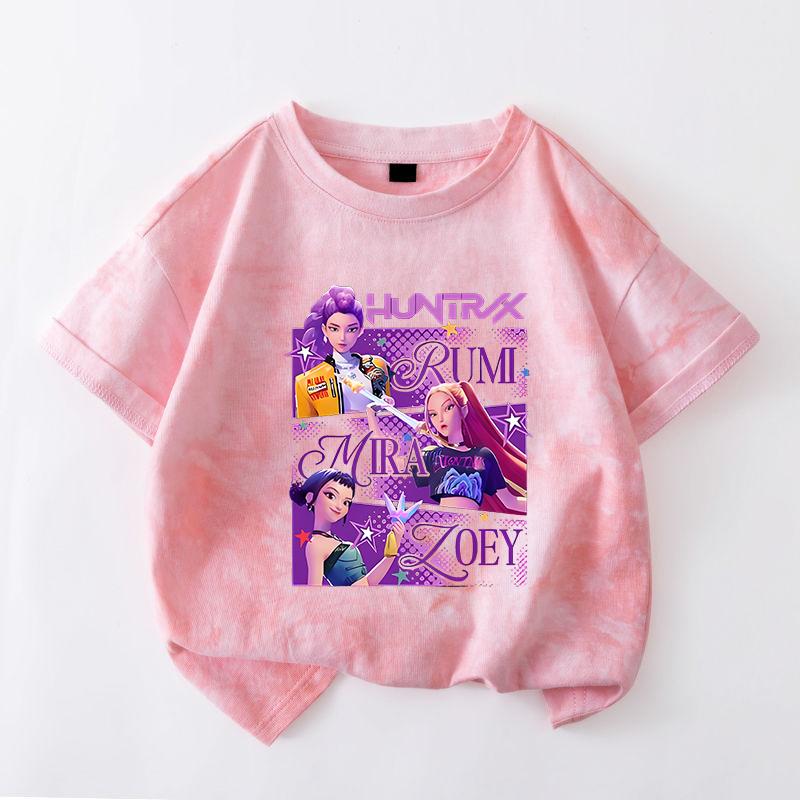 KPop Dämonenjäger Batik-T-Shirt für Mädchen Kurzarm-Tops Rumi Mira Zoey Print T-Shirts Niedliche Sommer-Kinderbekleidung 120 pink