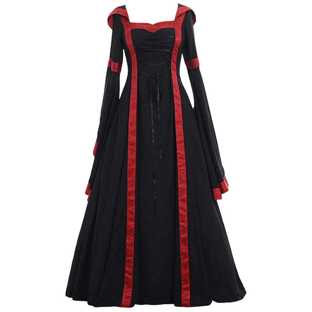 Übergröße 5XL Damen Mittelalterliches Bodenlanges Kleid Cosplay Kostüme Langglockenärmel Schnürung Prinzessin Langes Kleid Retro Gothic Kleid 4XL schwarz