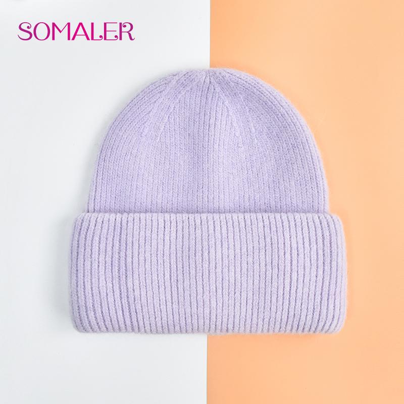 SOMALER Winter Angora Wolle Gestrickte Mütze Weich Warm Flauschig Kaninchenfell Strick Einfache Mützen für Damen licht lila