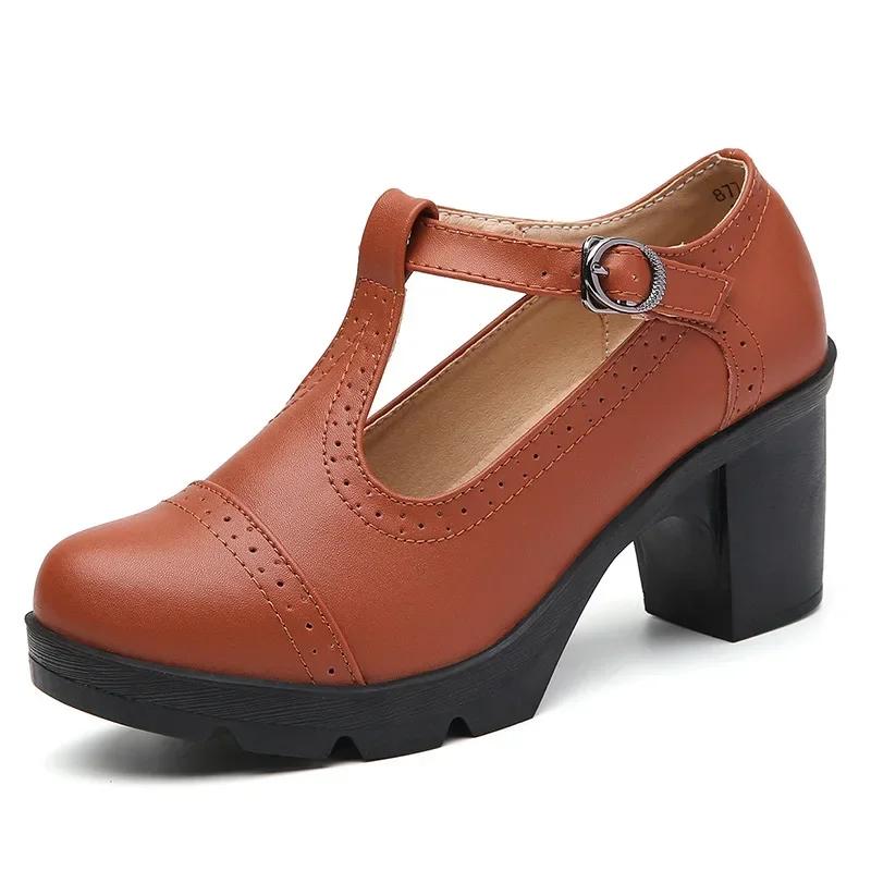 Mode Mode Britischer Stil Runde Zehen Mary Jane Schuhe Leder Ausgeschnitten Quadratische Absätze Plateau Retro Damen Tanzschuhe 38 hellbraune
