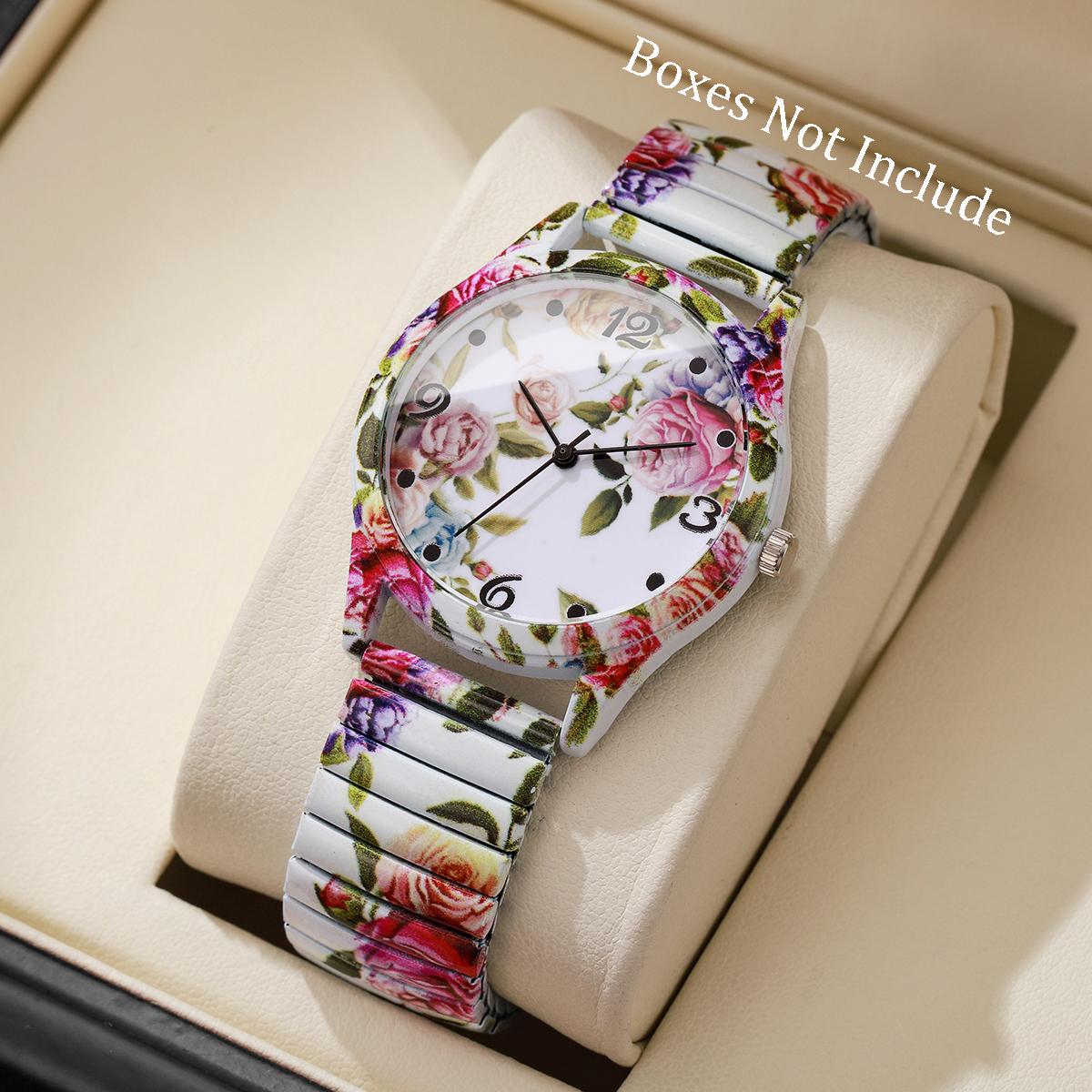 Mode Blumen Gedruckt Damen Uhren Elastisches Armband Analog Quarz Armbanduhren Reloj Mujer