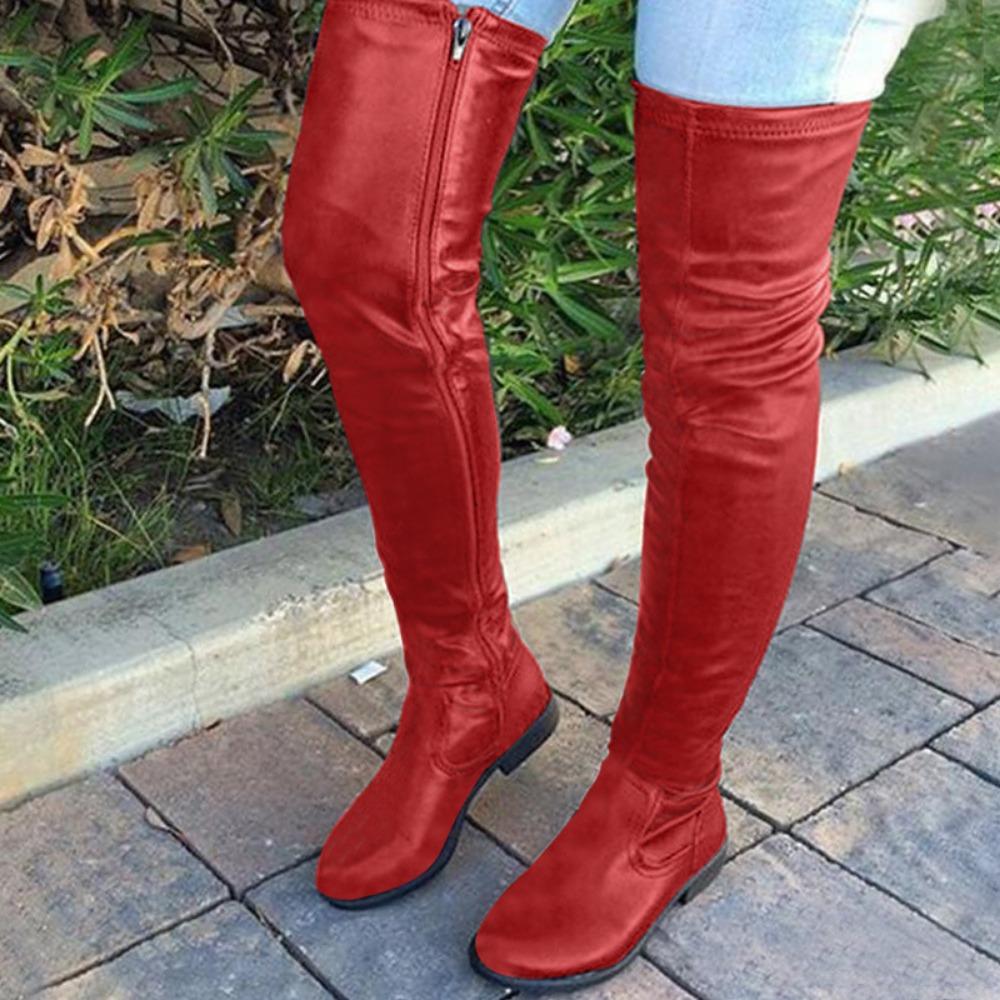 Sexy Damen-Stiefel mit runder Spitze und niedrigem, quadratischem Absatz, große Overknee-Stiefel, lange Stiefel 46 rot