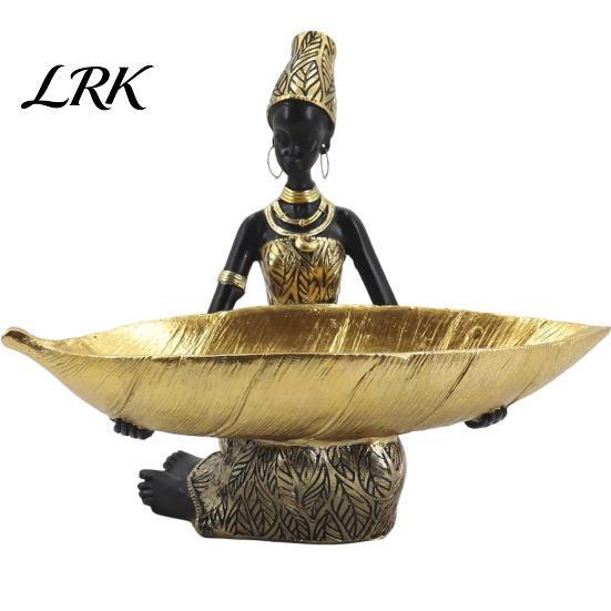 Silberschmuck Geschnitzte Figur Afrikanische Frau Figur mit Kopfschale, Schwarz-Weiß Stammes-Ethnisches Muster Harz Statue, Dekoration Dual-Funktion Aufbewahrung