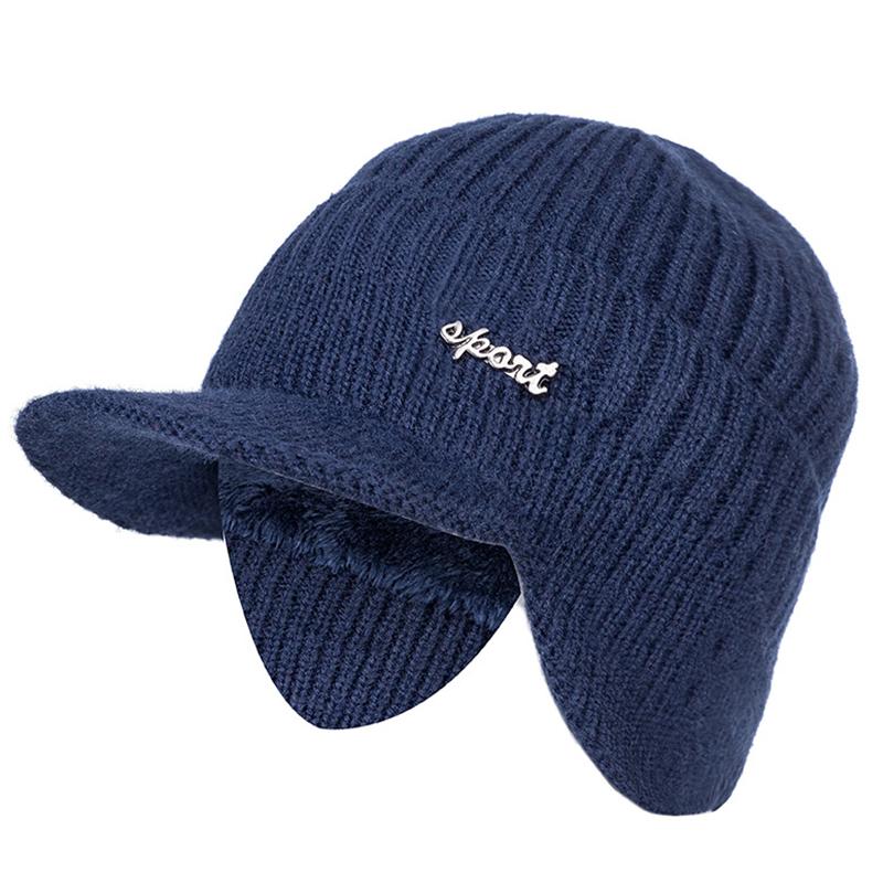 Neu hinzufügen Pelzgefütterte Wintermützen Stilvoll mit Krempe Weiche Beanie-Mütze für Männer Frauen Klassische gestrickte Ohrenklappenmütze Warme Mützen mit Ohren 54cm-62cm navy blau