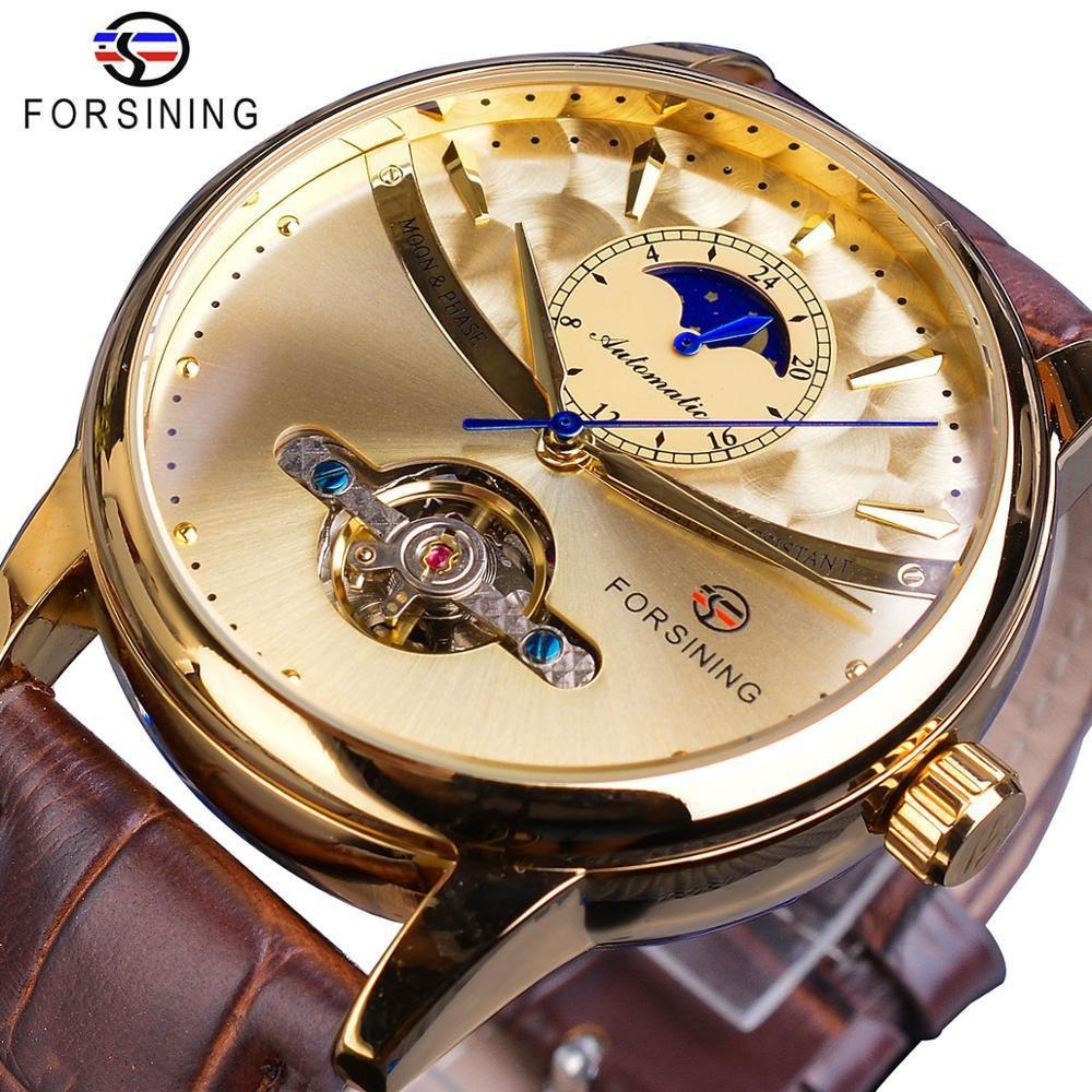FORSINING Luxus Automatische Mechanische Uhren Herren Sonne Mondphase Tourbillon Uhr Wasserdicht Herren Armbanduhr gold