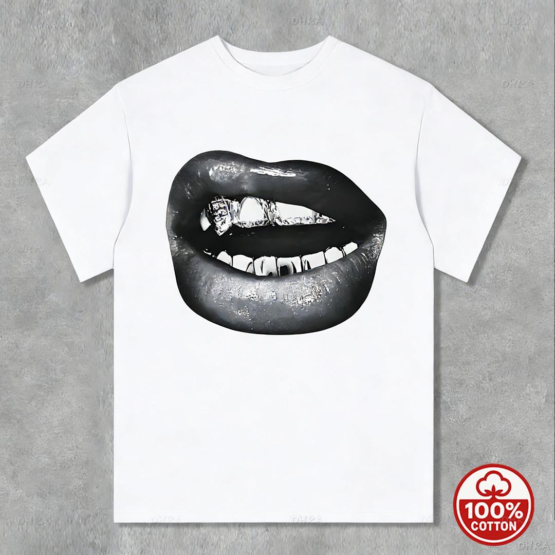 Graustufen Glänzende Lippen Mit Silbernen Diamant-Grillz Hip Hop Grafik T-Shirt High Street Rap Mode Locker Freizeit Kurzarm T-Shirt 3XL black