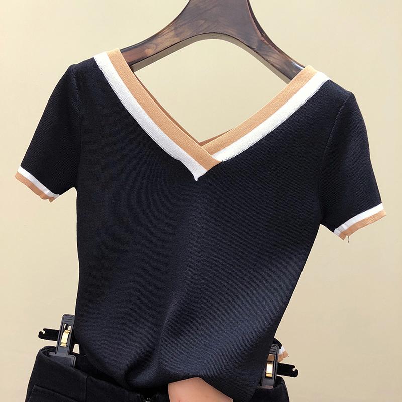 V-Ausschnitt T-Shirt Damen T-Shirt Kontrastfarbe Gestreift Gestrickt Sommer Top T-Shirt Frau Kleidung T-Shirt Femme Camisetas Mujer M schwarz