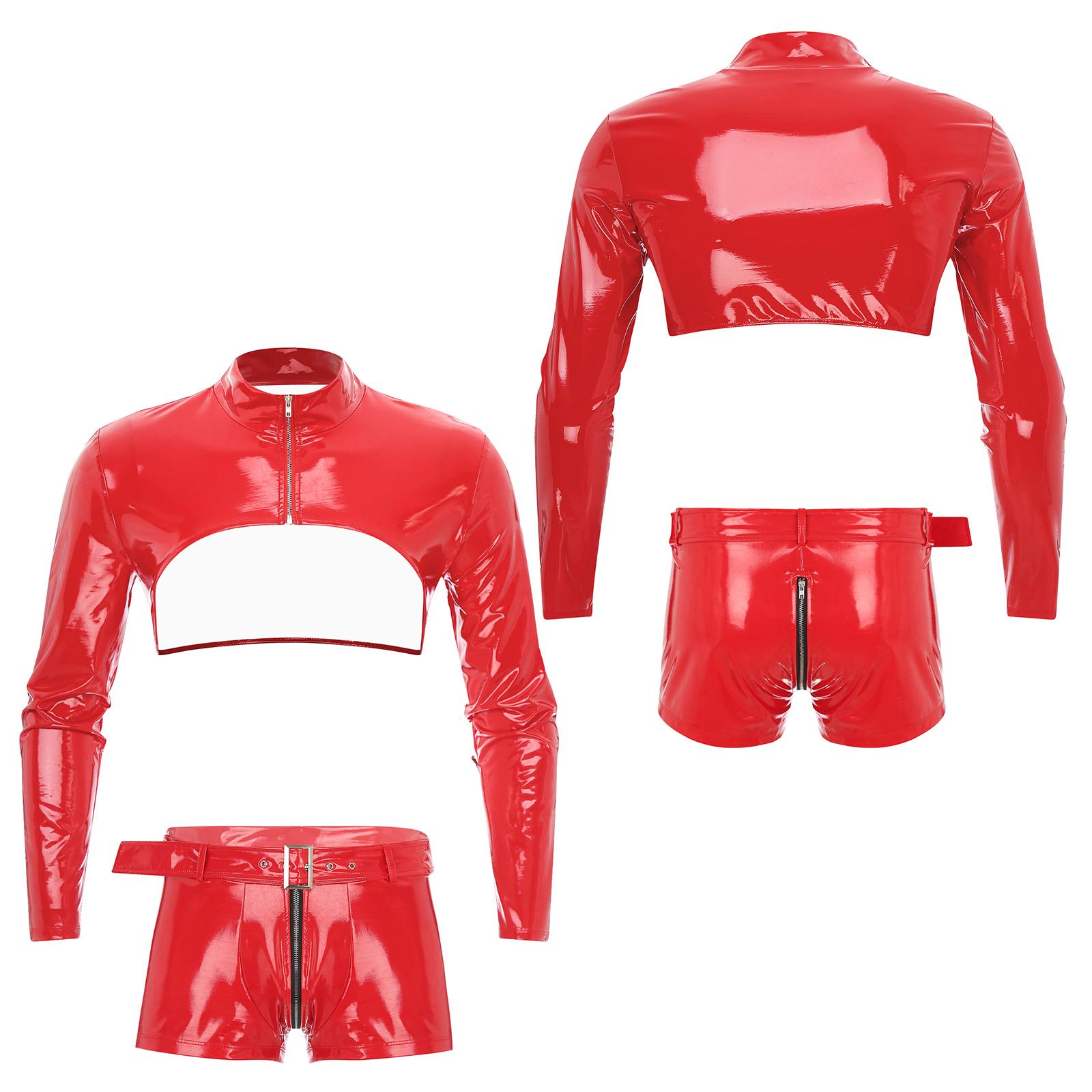 Männer Rave Nachtclub Outfit Moto & Biker Kostüm Steampunk Stil Nachtclub Disco Party Kostüm Latex Anzug Pole Dance Wear M rot