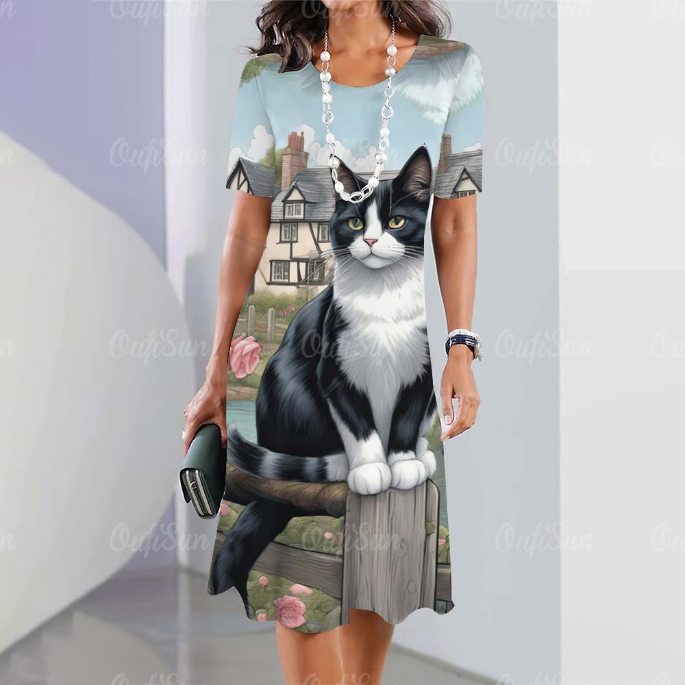 Neue Damenkleider mit Cartoon-Katzen-Aufdruck, Sommerurlaub, elegantes Kleid, kurzärmelige Kleider für Damen, modische übergroße Kleidung M gray