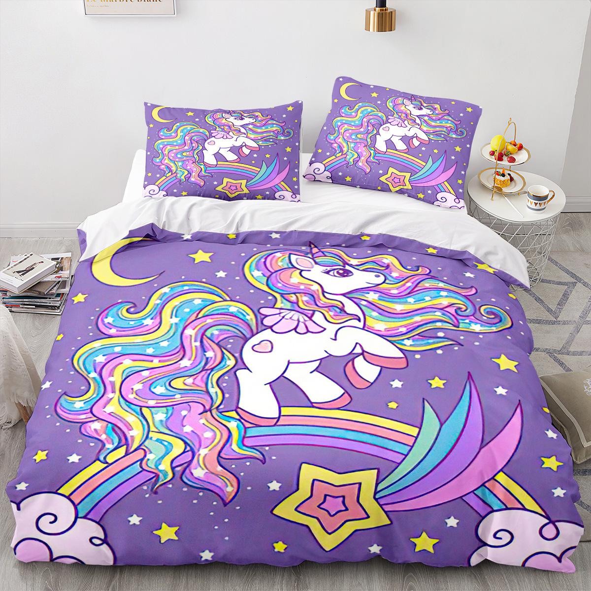 Einhorn-Bettbezug-Set, Cartoon-Galaxie, Regenbogen, buntes Einhorn, süßes romantisches Thema für Kinder und Mädchen, Polyester-Bettbezug EU single(135x200cm)