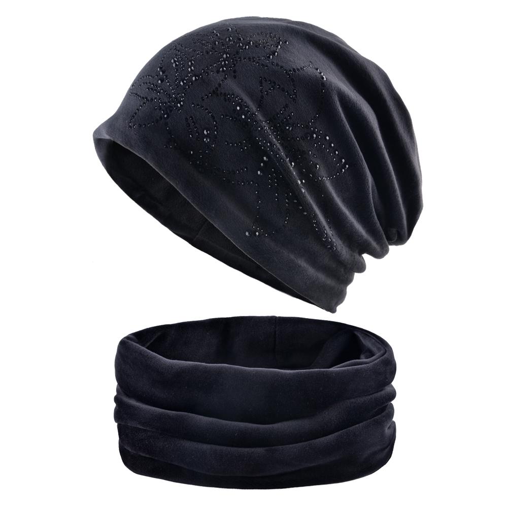 Damen Beanie Mode Strass Blume Hut und Schal Winter warme Samt Mützen Schals Set Mädchen schwarz