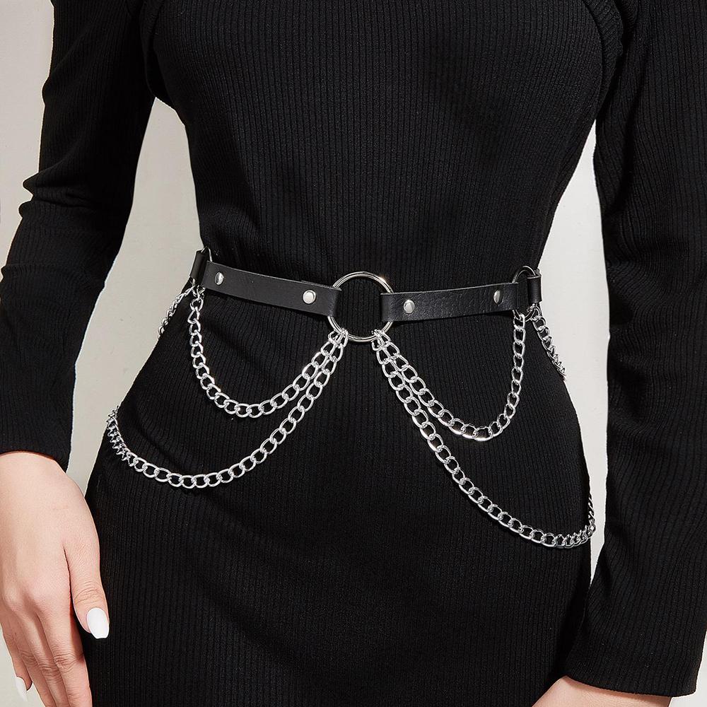 Damen Sexy Körperkette Schmuck PU Leder Taillengürtel Mit Ketten Festival Kette Bauchgurt Schmuck Für Damen Gothic Accessoires black