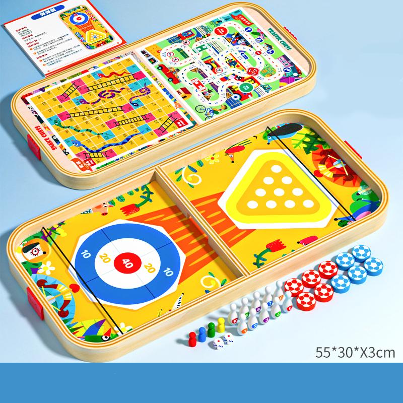 Holz Innovation Multi in One Spiel Schach Bounce Schach Bowling Eishockey Fliegendes Schach Familienaktivitäten Partyspiele Kinder Erwachsene yellow