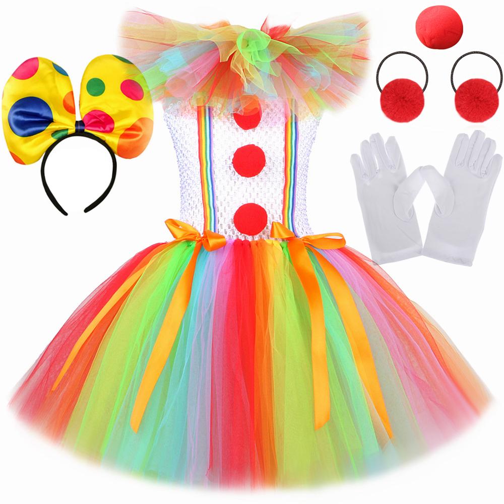 Regenbogen Lustiges Zirkusclown-Kostüm für Mädchen Halloween Karneval Party Dress Up Fancy Joker Cosplay Tüll Tutu Kleid Kinderkleidung XXL (9-10 Years) rot