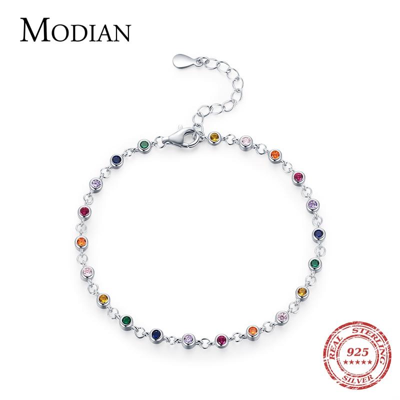 Charm-Kettenarmband im Böhmen-Stil für Frauen, echtes 925er Sterlingsilber, Regenbogenfarben, Zirkonia, Damen-Modeschmuck