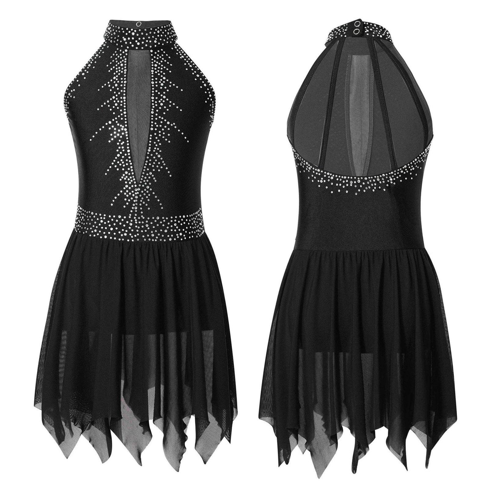 Kinder Mädchen Eiskunstlauf-Tanzkleid, ärmellos, glänzendes Strass-Mesh-Trikot, Tutu, Ballett, Gymnastik, lyrische Kleider 5-6 Years schwarz