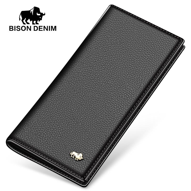 BISON DENIM Luxus-Geldbörse aus echtem Leder für Herren, lang, schmal, Bifold-Kreditkartenhalter, Geldbörse schwarz
